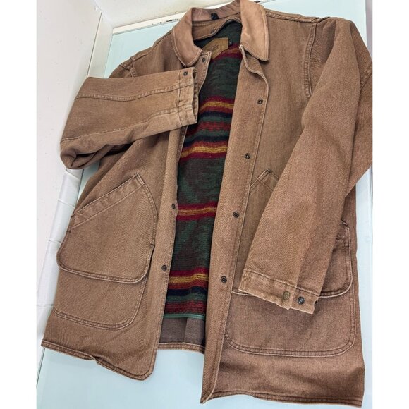 VTG  Woolrich Chore Barn Jacket Large L Aztec Wool Blanket Leather Collar Canvas - Picture 1 of 14